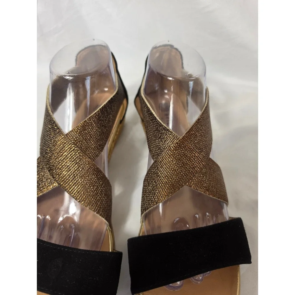 Eric Michael Spain Handmade BLK Suede Bronze Metallic Espadrille Wedge Sandal 9